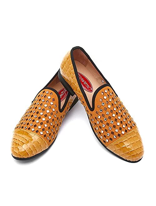 XQWFH Mens Leopard Loafers Leather Embroidery Spiked Slip on Dress Shoes Slipper Luxury Fashion Penny Prom