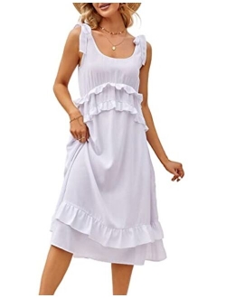 Women Tie Shoulder Spaghetti Strap Dress Summer Ruffled Tiered A Line Midi Swing Dress with Pocket