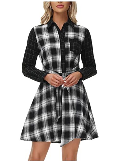 Kate Kasin Women Tie Waist Contrast Plaid Shirt Dress Long Sleeve Button Down A Line Swing Dress