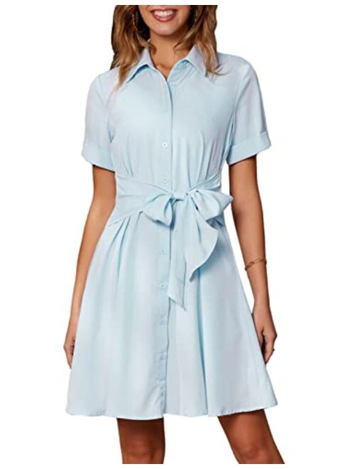 Kate Kasin Women Tie Waist Contrast Plaid Shirt Dress Long Sleeve Button Down A Line Swing Dress