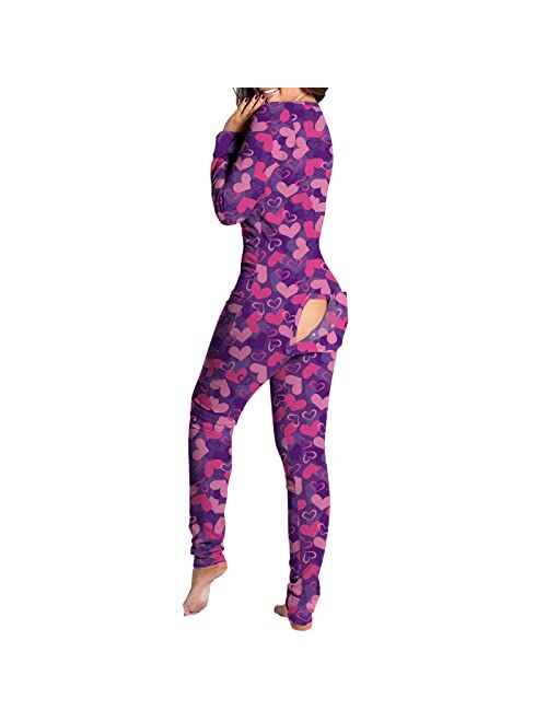 Asntrgd Womens Sexy Onesie Pajama Deep V Neck Long Sleeve Onesie Jumpsuit Back Functional Buttoned Flap Adult Bodycon Romper