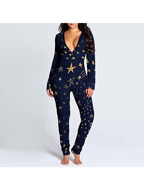 Asntrgd Womens Sexy Onesie Pajamas Long Sleeve V Neck One Piece Jumpsuit with Back Functional Buttoned Flap Adults Sleepwear