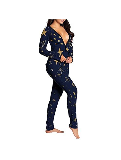 Asntrgd Womens Sexy Onesie Pajamas Long Sleeve V Neck One Piece Jumpsuit with Back Functional Buttoned Flap Adults Sleepwear