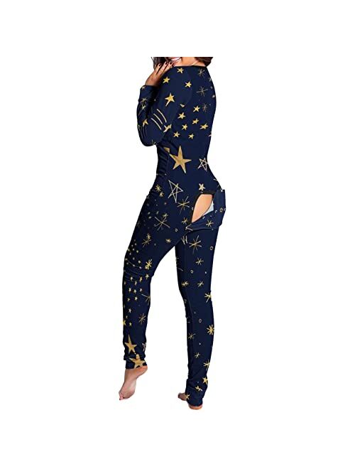 Asntrgd Womens Sexy Onesie Pajamas Long Sleeve V Neck One Piece Jumpsuit with Back Functional Buttoned Flap Adults Sleepwear