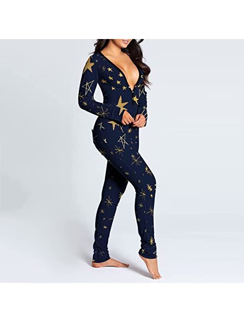 Asntrgd Womens Sexy Onesie Pajamas Long Sleeve V Neck One Piece Jumpsuit with Back Functional Buttoned Flap Adults Sleepwear