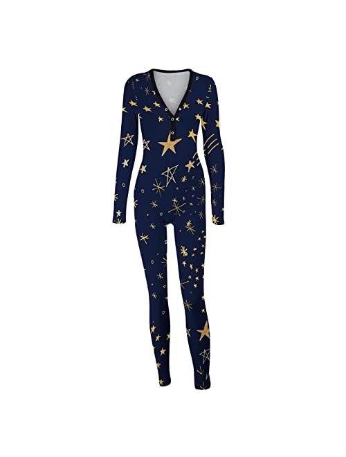 Asntrgd Womens Sexy Onesie Pajamas Long Sleeve V Neck One Piece Jumpsuit with Back Functional Buttoned Flap Adults Sleepwear