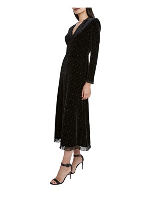 BCBGMAXAZRIA Women's Long Sleeve Velvet Cocktail Dress with Ruffle Edge