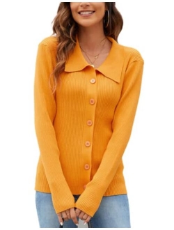 Women's Polo Collar Sweater Cardigan Button Down Slim Fit Knit Ribbed Top Tunic Shirts