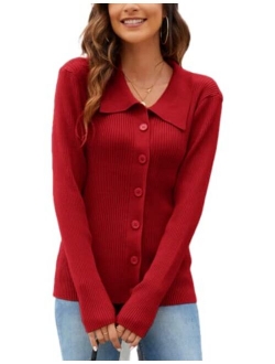 Women's Polo Collar Sweater Cardigan Button Down Slim Fit Knit Ribbed Top Tunic Shirts