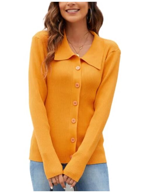 Kate Kasin Women's Polo Collar Sweater Cardigan Button Down Slim Fit Knit Ribbed Top Tunic Shirts