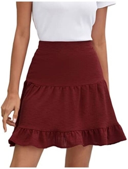 Summer Basic Mini Skater Skirts Women A Line Elastic High Wasited Ruffled Hem Flared Skirt