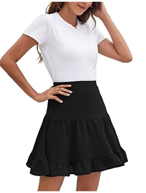 Kate Kasin Summer Basic Mini Skater Skirts Women A Line Elastic High Wasited Ruffled Hem Flared Skirt