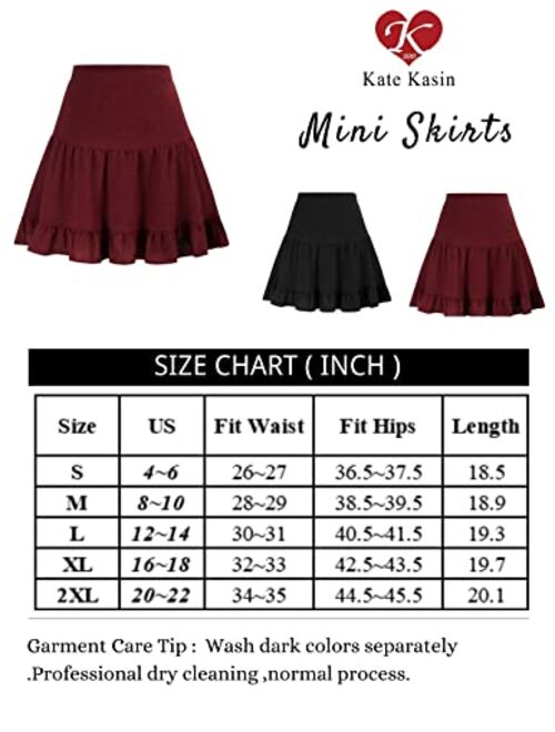 Kate Kasin Summer Basic Mini Skater Skirts Women A Line Elastic High Wasited Ruffled Hem Flared Skirt