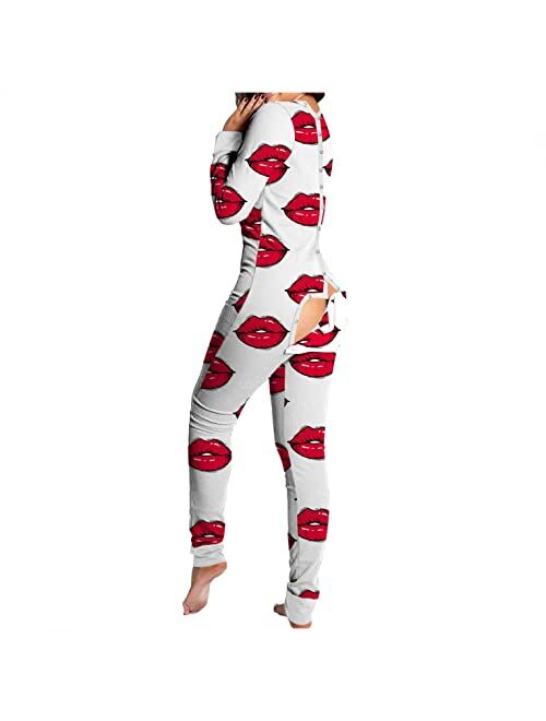 FABIURT Onesie Pajamas for Women, Womens Onesie Pajamas with Back Buttoned Flap Long Sleepwear Romper Homewear