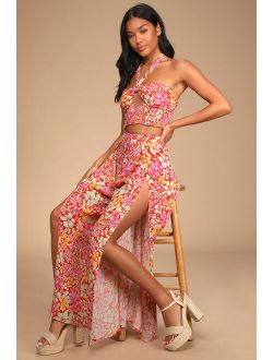 Living Breezy Red Multi Floral Print Wide-Leg Pants