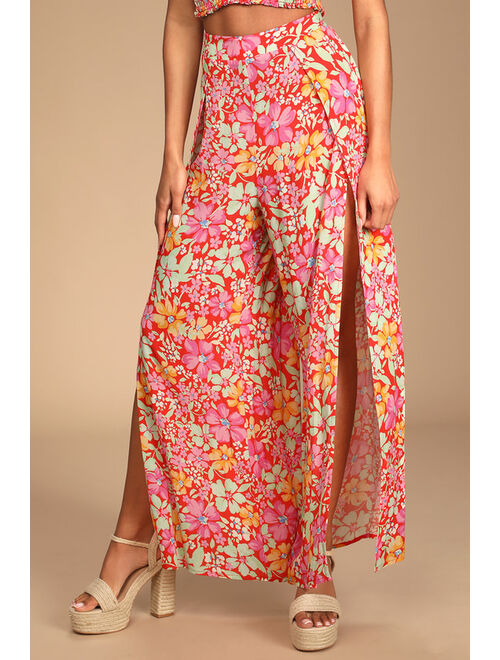 Lulus Living Breezy Red Multi Floral Print Wide-Leg Pants