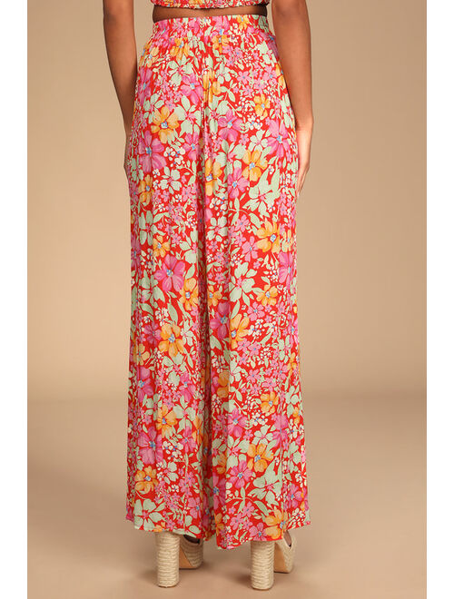 Lulus Living Breezy Red Multi Floral Print Wide-Leg Pants