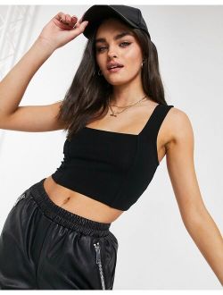 organic cotton crop cami with square neck and seam detail in black