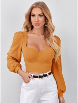 Sweetheart Neck Lantern Sleeve Crop Top