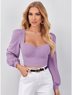 Sweetheart Neck Lantern Sleeve Crop Top