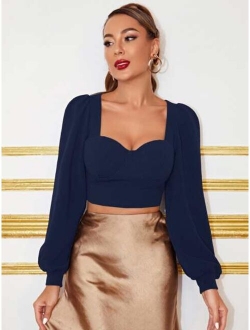 Sweetheart Neck Lantern Sleeve Crop Top