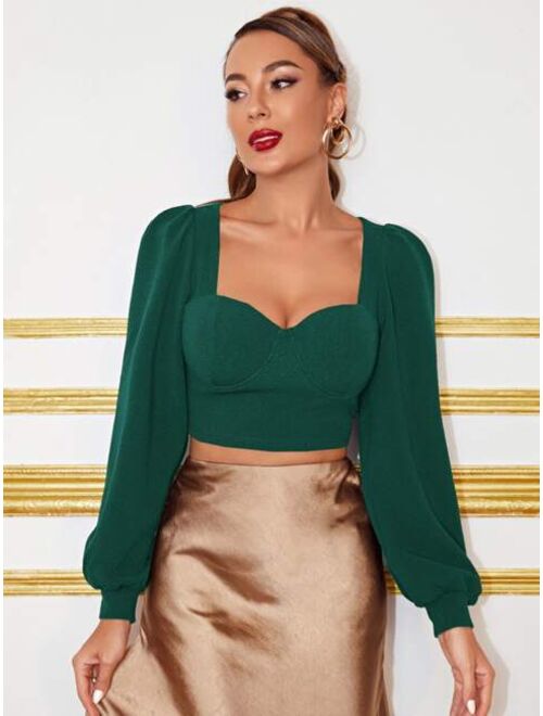 SHEIN Sweetheart Neck Lantern Sleeve Crop Top