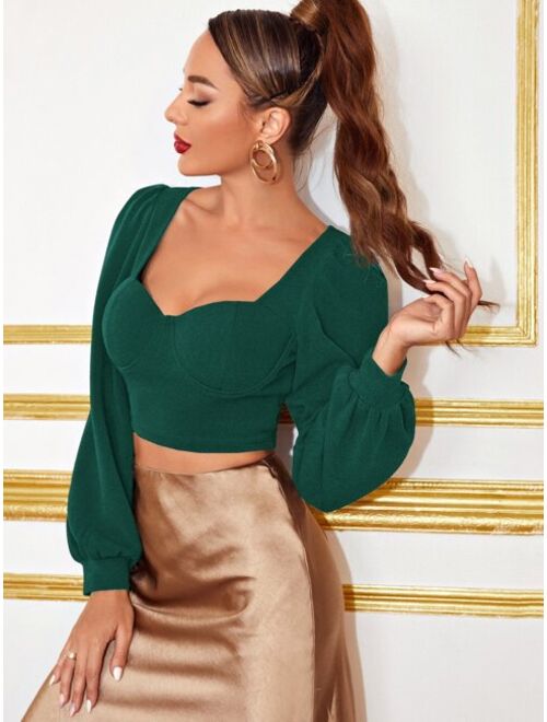 SHEIN Sweetheart Neck Lantern Sleeve Crop Top