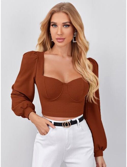 SHEIN Sweetheart Neck Lantern Sleeve Crop Top