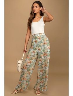 Just Go with the Flow Sage Floral Print Side Slit Wide-Leg Pants