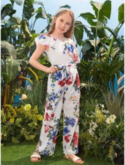 Girls Floral Print Asymmetric Neck Ruffle Trim Top & Wide Leg Pants