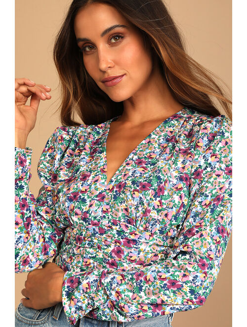 Lulus Blooming Buds Purple Floral Print Ruched Long Sleeve Top