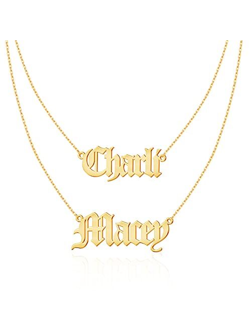 Dayofshe Layered 2 Names Necklace Personalized, Custom Double Chain Choker Necklace 18K Gold Plated Nameplate Pendant for Girls Women Mother