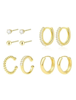 Alexcraft Earring Sets for Multiple Piercing | 14K Gold Plated Studs Earrings and Hoops Set Hypoallergenic Small Hoop CZ Ball Studs Earrings for Women Girls（6 Pairs）