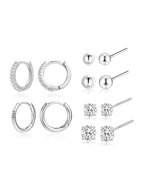 Alexcraft Earring Sets for Multiple Piercing | 14K Gold Plated Studs Earrings and Hoops Set Hypoallergenic Small Hoop CZ Ball Studs Earrings for Women Girls（6 Pairs）