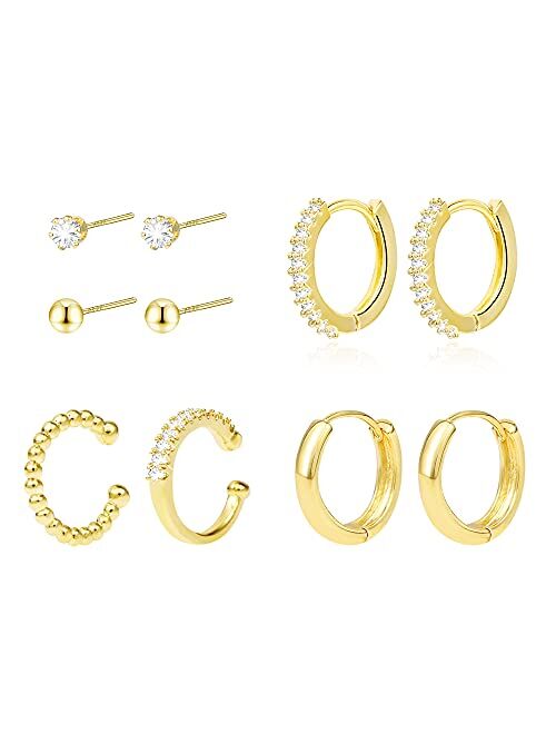 Alexcraft Earring Sets for Multiple Piercing | 14K Gold Plated Studs Earrings and Hoops Set Hypoallergenic Small Hoop CZ Ball Studs Earrings for Women Girls（6 Pairs）