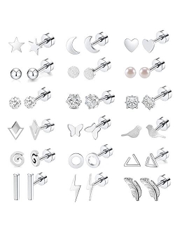 Mjust 18 Pairs Stainless Steel Stud Earrings Set for Women Men Star Moon Triangle Heart Leaf 20G Cartilage Earrings Hypoallergenic Flatback Earrings Piercing Jewelry