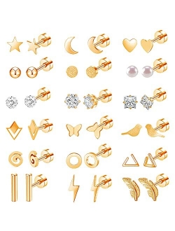 Mjust 18 Pairs Stainless Steel Stud Earrings Set for Women Men Star Moon Triangle Heart Leaf 20G Cartilage Earrings Hypoallergenic Flatback Earrings Piercing Jewelry