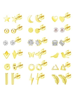 Mjust 18 Pairs Stainless Steel Stud Earrings Set for Women Men Star Moon Triangle Heart Leaf 20G Cartilage Earrings Hypoallergenic Flatback Earrings Piercing Jewelry