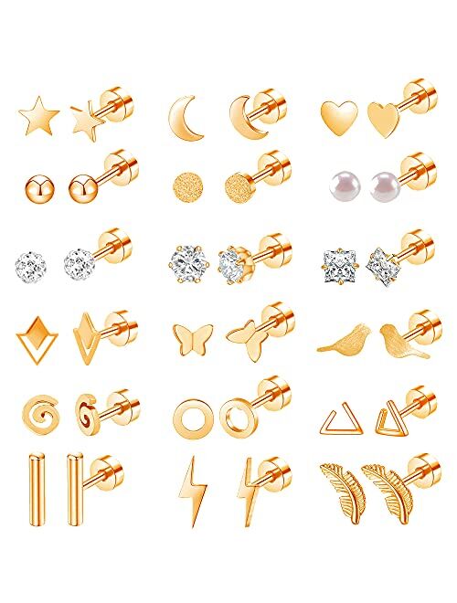 Mjust 18 Pairs Stainless Steel Stud Earrings Set for Women Men Star Moon Triangle Heart Leaf 20G Cartilage Earrings Hypoallergenic Flatback Earrings Piercing Jewelry