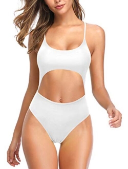 Women's Sexy Cutout Scoop Neck One Piece Swimsuit Solid High Cut Bathing Suit