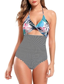 Women's Sexy Cutout Scoop Neck One Piece Swimsuit Solid High Cut Bathing Suit