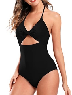 Women's Sexy Cutout Scoop Neck One Piece Swimsuit Solid High Cut Bathing Suit