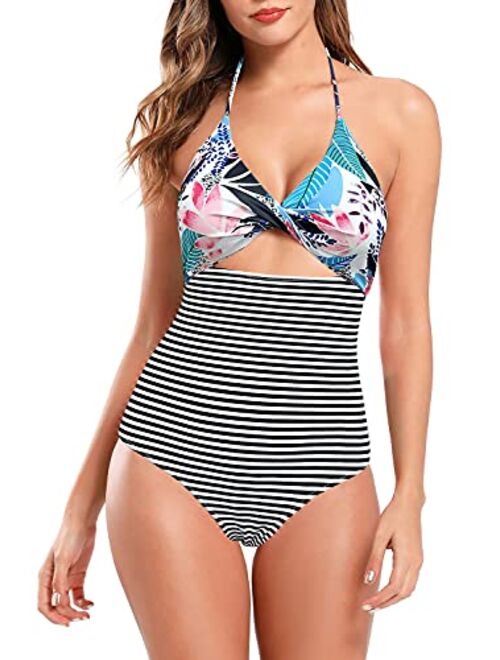 SHEKINI Women's Sexy Cutout Scoop Neck One Piece Swimsuit Solid High Cut Bathing Suit