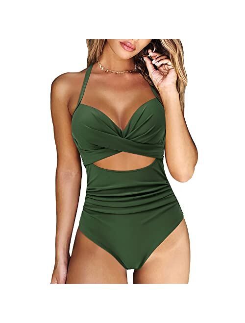 RXRXCOCO Women Cutout One Piece Swimsuit Tummy Control Cross Back Bathing Suit