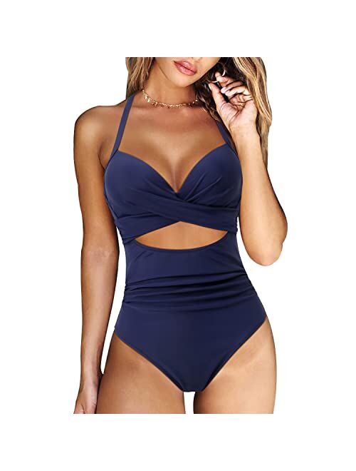 RXRXCOCO Women Cutout One Piece Swimsuit Tummy Control Cross Back Bathing Suit