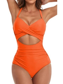 Eomenie Women's One Piece Swimsuits Tummy Control Cutout High Waisted Bathing Suit Wrap Tie Back 1 Piece Swimsuit