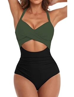 Eomenie Women's One Piece Swimsuits Tummy Control Cutout High Waisted Bathing Suit Wrap Tie Back 1 Piece Swimsuit