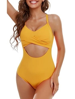 Eomenie Women's One Piece Swimsuits Tummy Control Cutout High Waisted Bathing Suit Wrap Tie Back 1 Piece Swimsuit