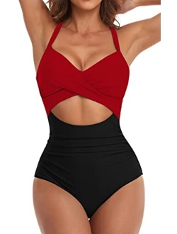 Eomenie Women's One Piece Swimsuits Tummy Control Cutout High Waisted Bathing Suit Wrap Tie Back 1 Piece Swimsuit