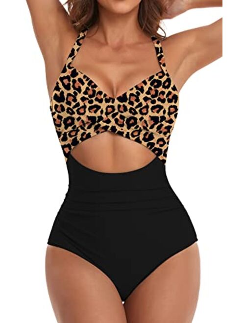 Eomenie Women's One Piece Swimsuits Tummy Control Cutout High Waisted Bathing Suit Wrap Tie Back 1 Piece Swimsuit